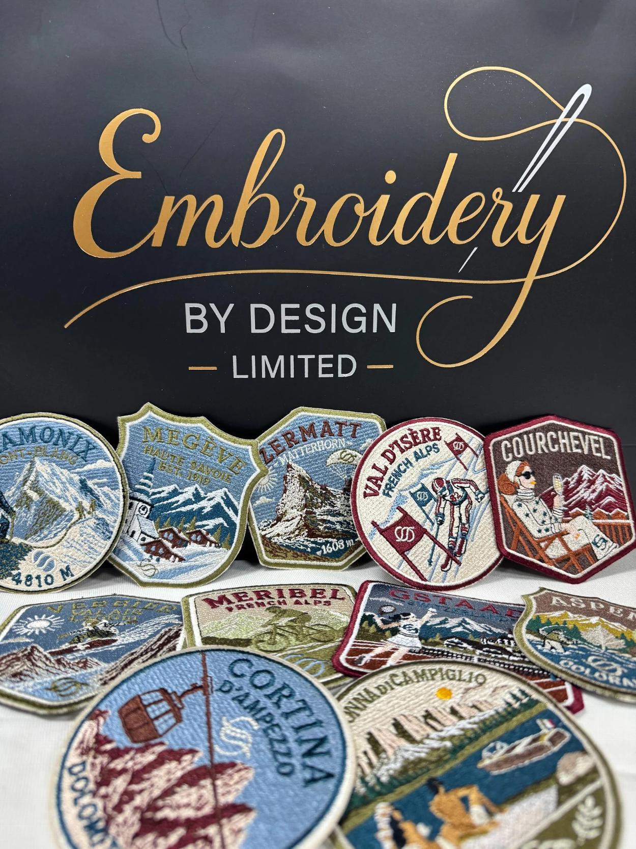 Embroidered alpine destination badges and Embroidery By Design branding